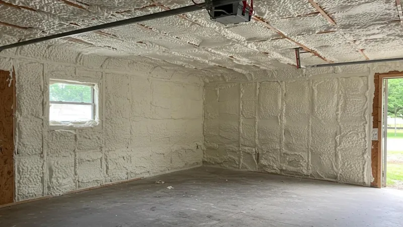 Detached garage with spray foam filling the wall stud bays and the ceiling joist cavities, overhead door open to the yard