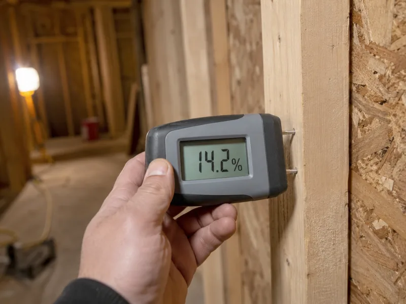 Pin-type moisture meter reading 14.2 percent on a wall stud before spray foam is applied